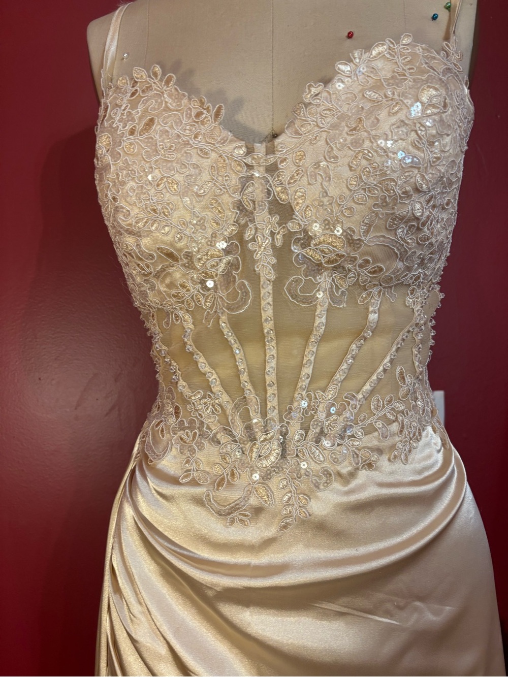 Strapless Ivory Lace-Appliqué Evening Dress